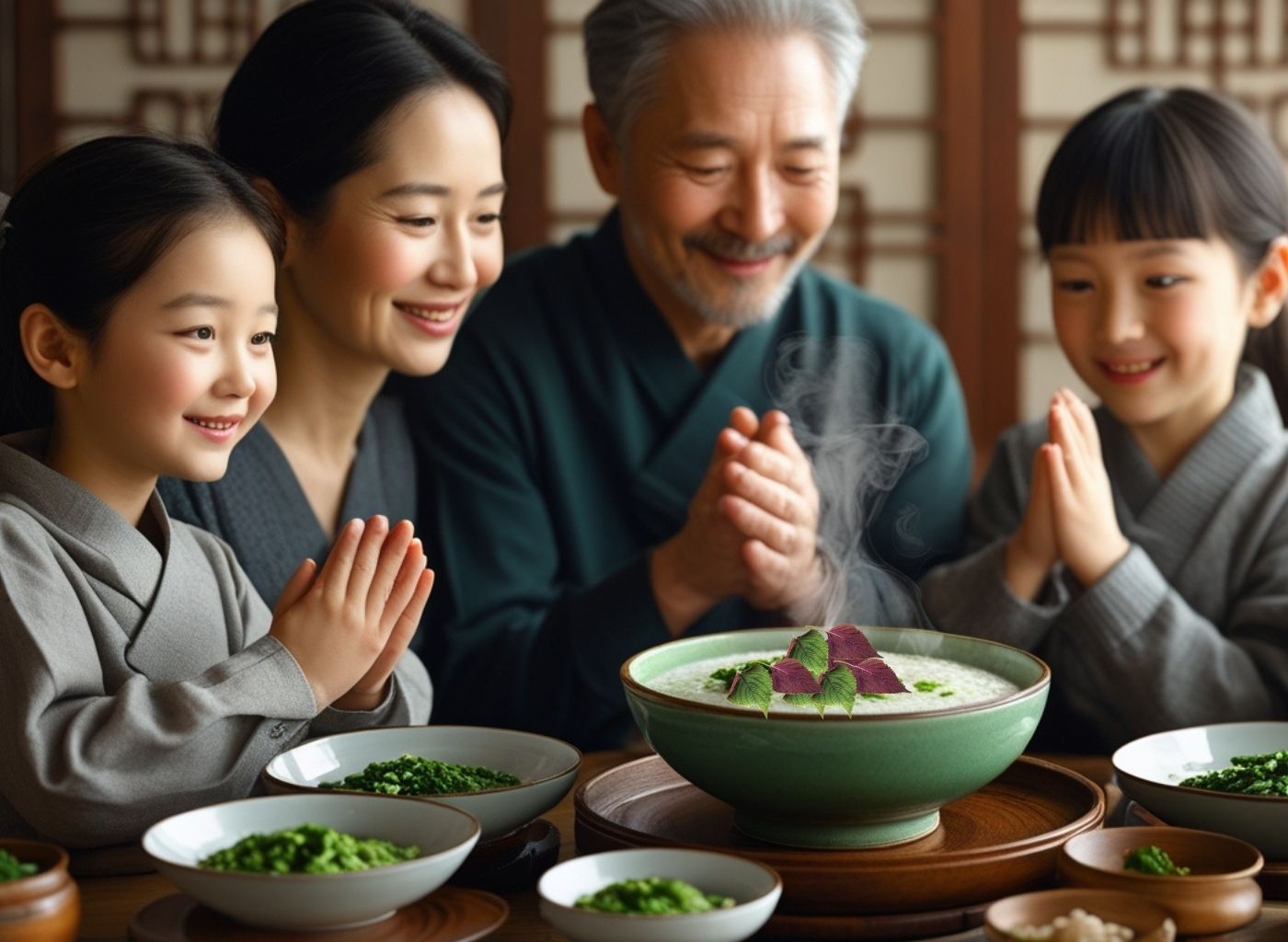Tía Tô – Cây Thuốc Nam Trị Cảm, Tiêu Hóa Tốt, Dễ Trồng Quanh Nhà Công dụng của lá tía tô, gia đình quây quần bên cháo tía tô